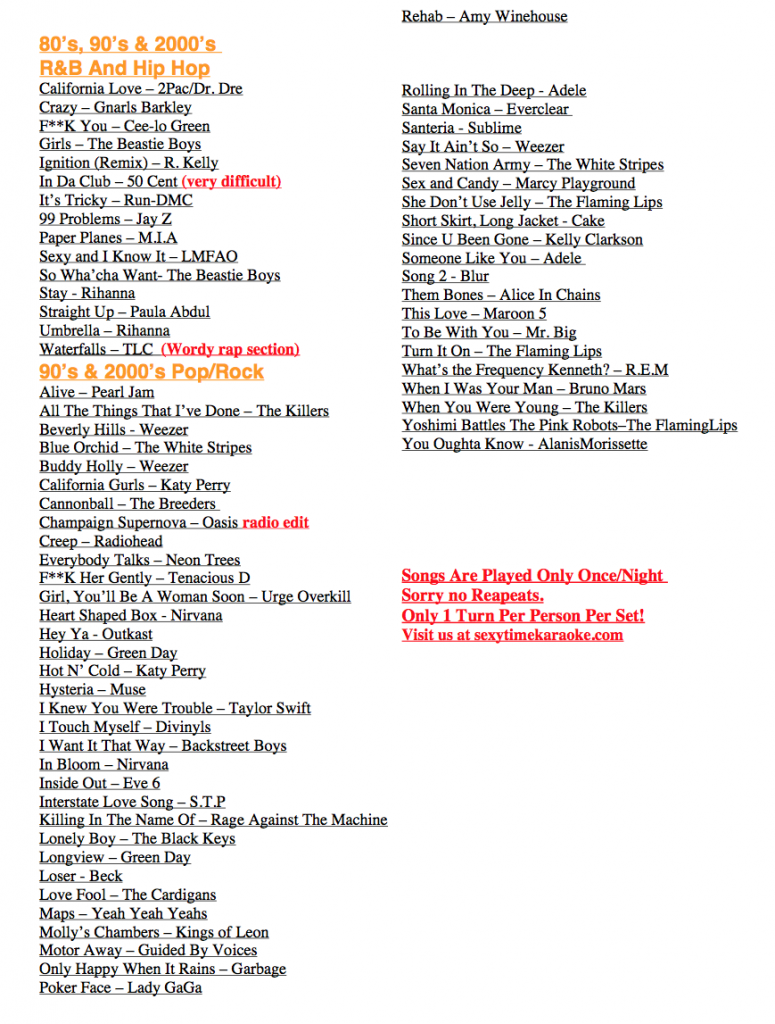 Karaoke Song List - (Paul will help you practice.)